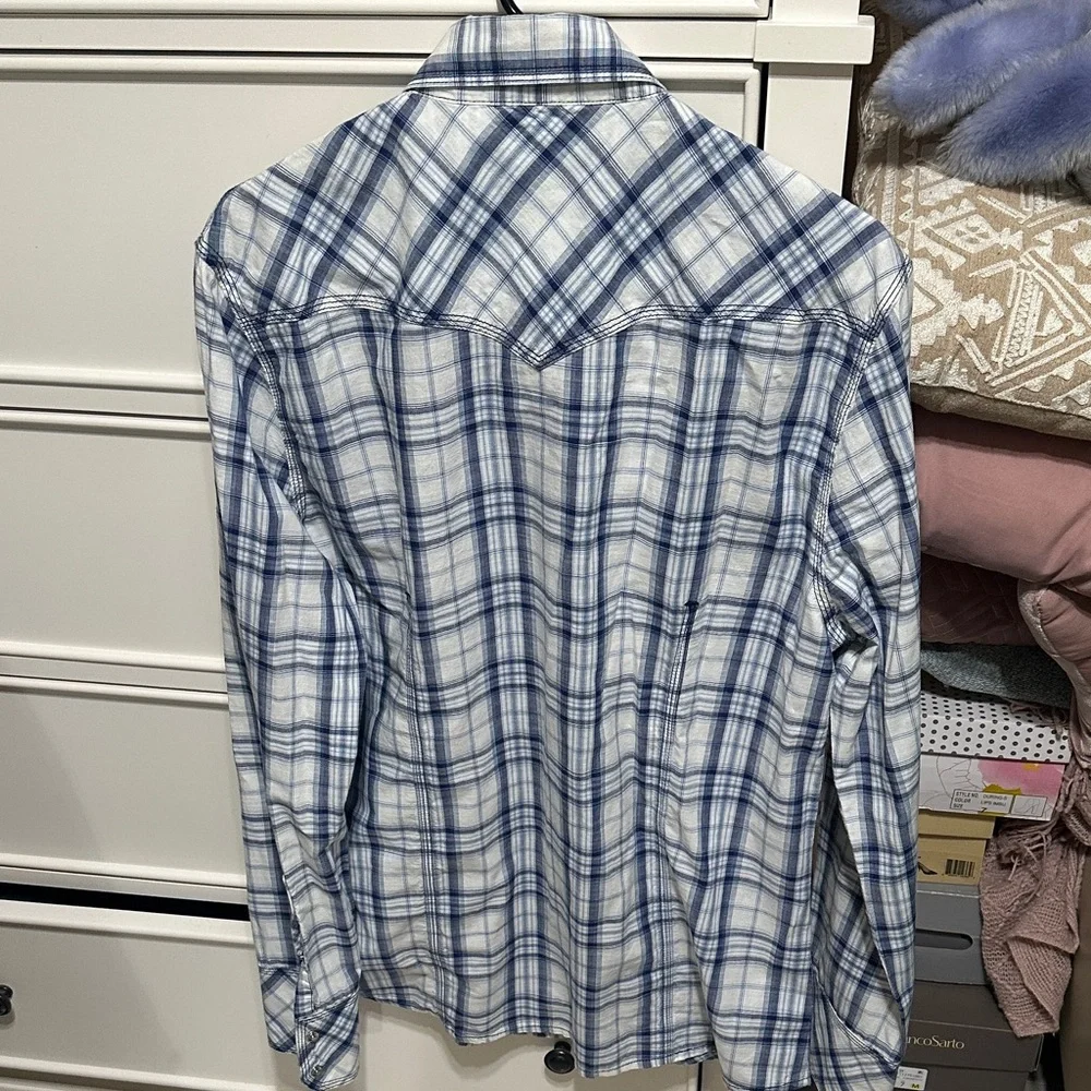 True Religion White and Blue Plaid Button-Down Shirt